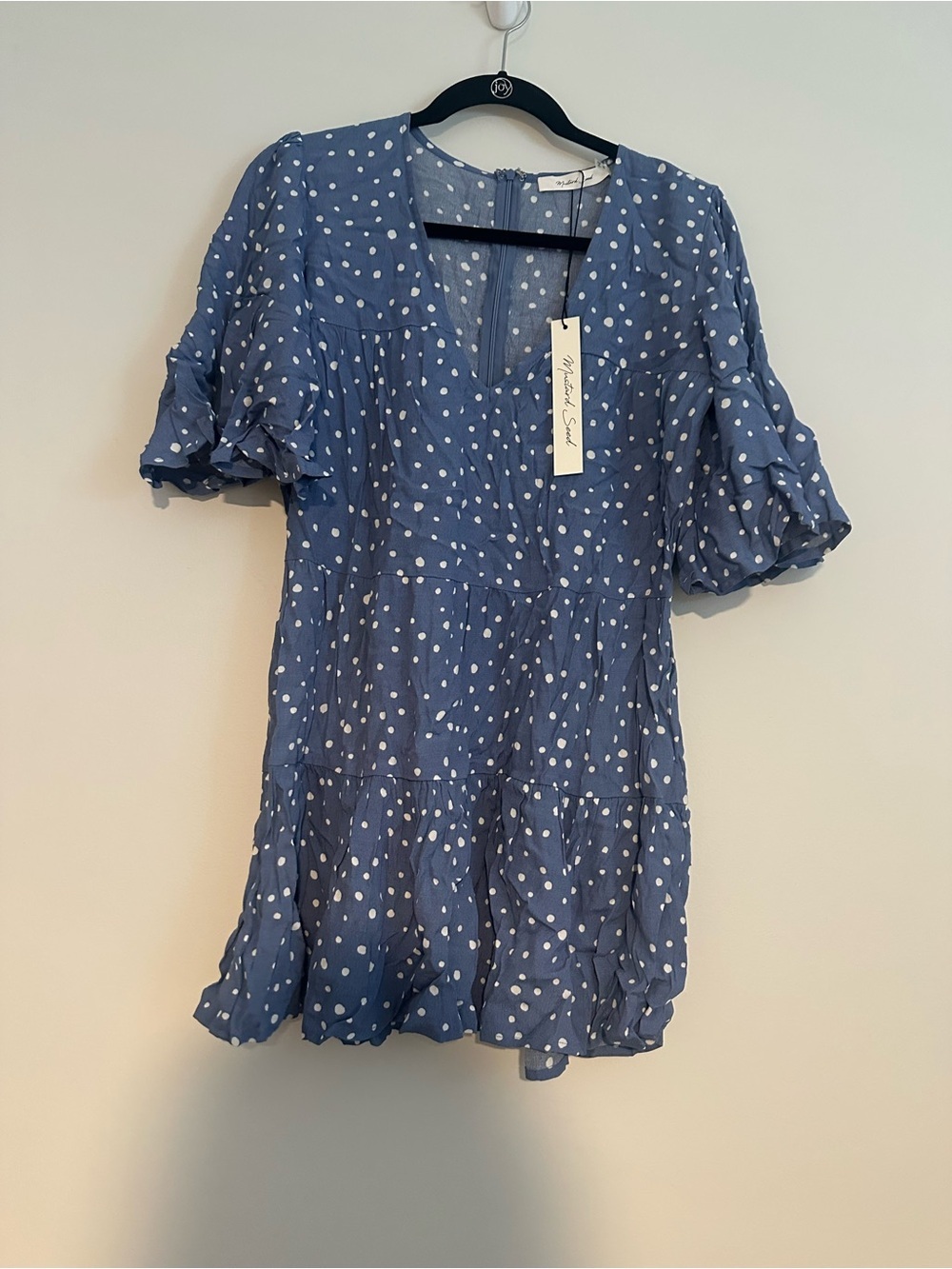 mustard seed blue and white polka dot dress